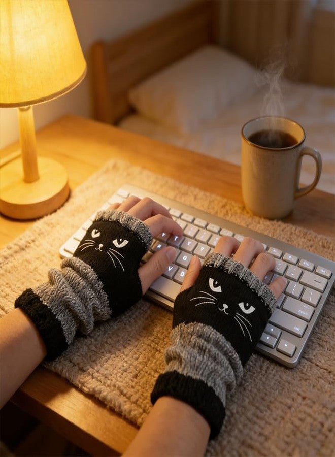 قفازات Easybos Cozy Cat بدون أصابع للنساء - قفازات محبوكة دافئة بتصميم كلاسيكي وتطريز قطة لطيف، قفازات أنيقة للارتداء اليومي (أسود) - Image 5